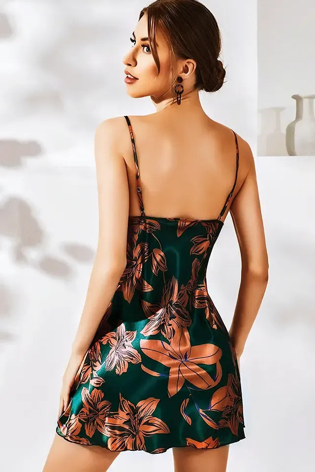 Narıncı Çiçək Naxışlı Yaşıl Saten Gecəlik #3613