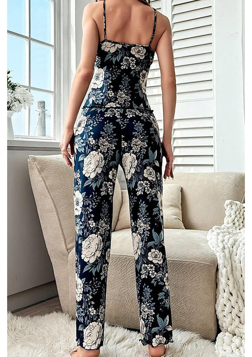 Ağ Çiçək Naxışlı Mavi Saten Pijama #1402