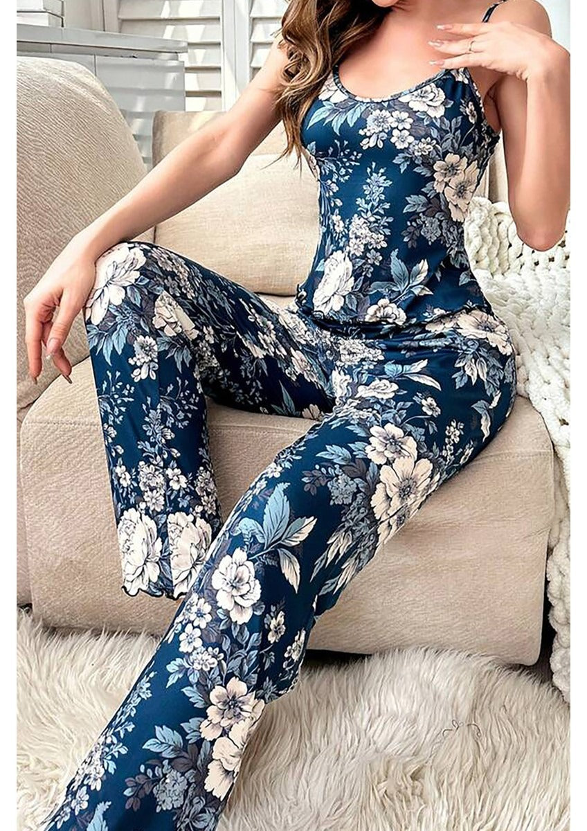 Ağ Çiçək Naxışlı Mavi Saten Pijama #1402