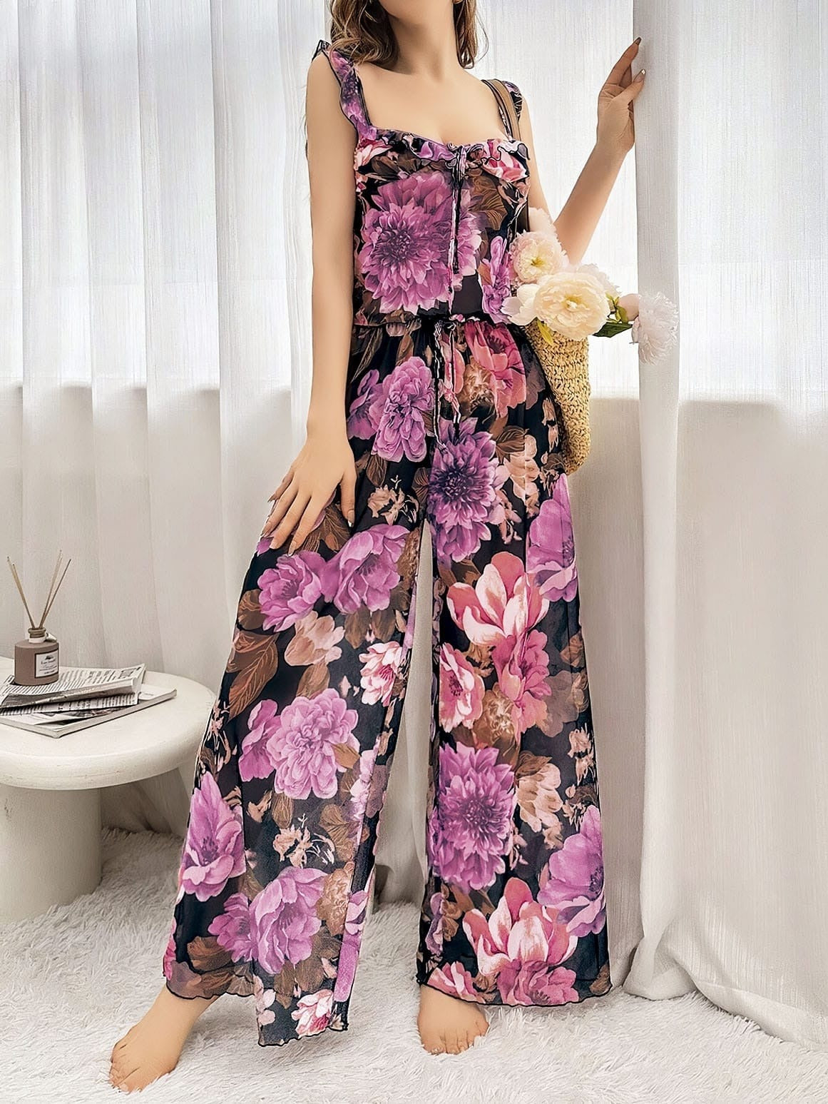 Çəhrayı Çiçək Naxışlı Qara Askılı Bluz və Şalvar Dəsti #1458