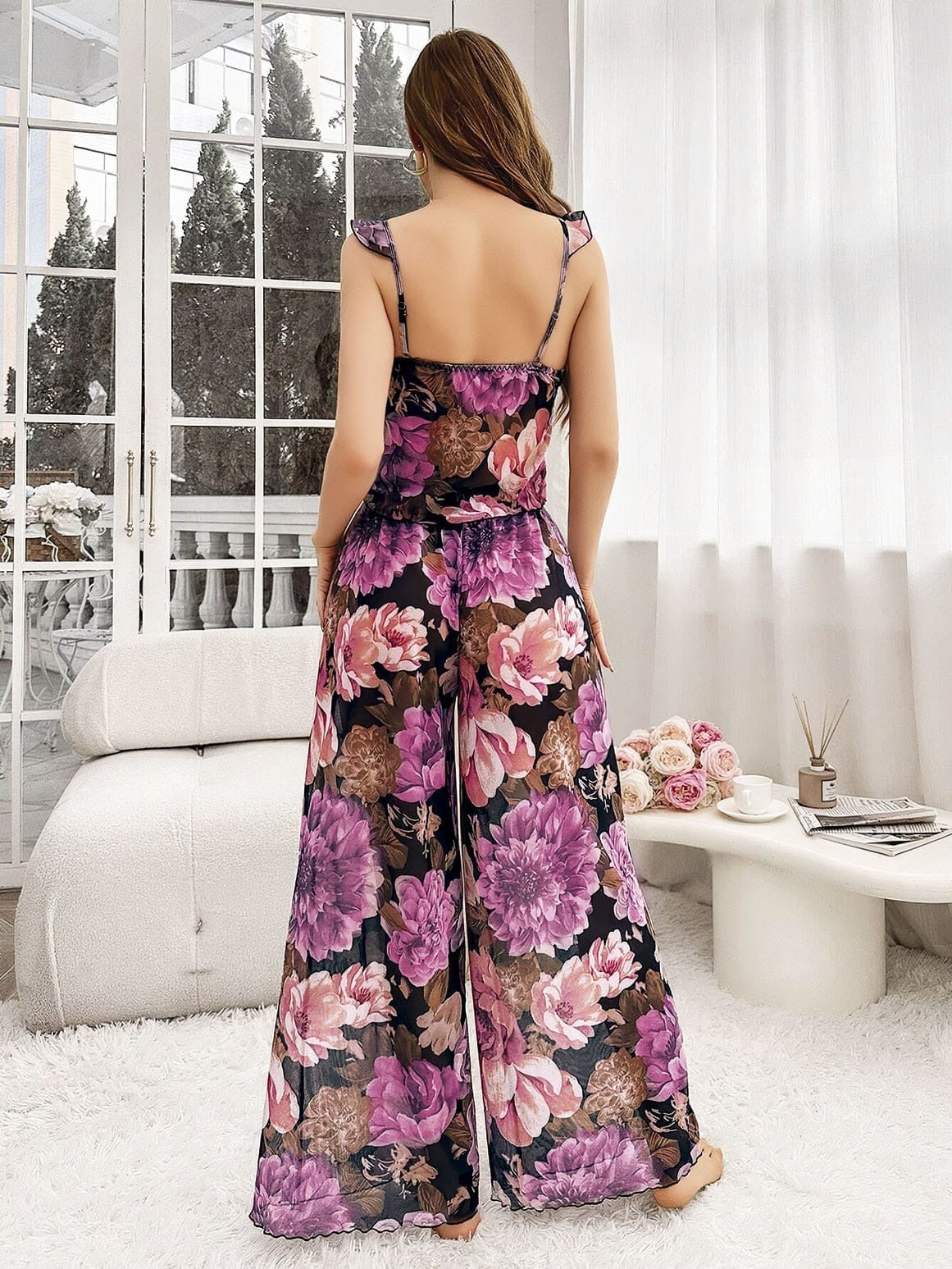 Çəhrayı Çiçək Naxışlı Qara Askılı Bluz və Şalvar Dəsti #1458